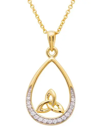 White background cut out shot of 14Ct Gold Vermeil Trinity Knot Tear Drop Pendant